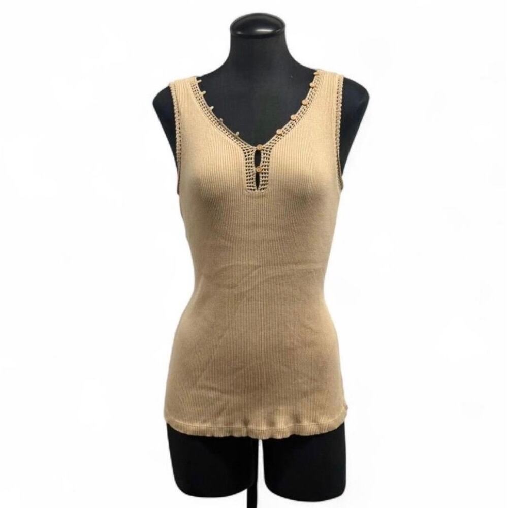 VTG Apostrophe’ Tan Ribbed Knit Trim Quarter Button Tank Top 100% Cotton-L Boho